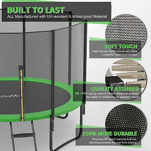 CalmMax Trampoline 12FT Jump Recreational Trampolines with Enclosure Net - ASTM Approved - Combo Bounce Outdoor Trampoline for Kids Family Happy Time Green