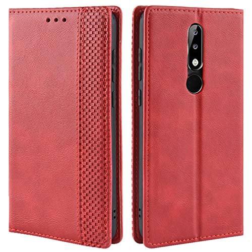 HualuBro Funda Nokia 5.1 Plus, Carcasa de Protectora Cuero PU Billetera Cartera Plegable Funda [Ranuras de Tarjeta] Flip Leather Case Cover para Nokia 5.1 Plus (Rojo)