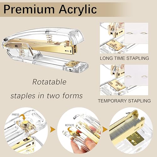 Gold Desk Accessories, Office Desk Organizers and Accessories 360°Pen Holder Acrylic Stapler Set, Phone Holder, Ballpoint Pen, Scissor, Binder Clips, Ruler, Transparent Glue, Sticky Note and Staples. - Thumbnail 3