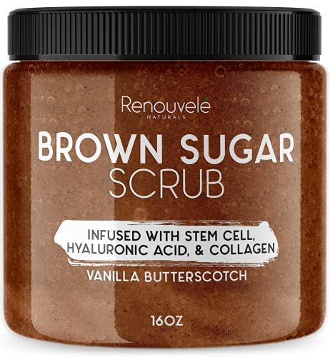 Renouvelé Brown Sugar Scrub | 16oz Vanilla Butterscotch | With Hylauronic acid, Collagen & Stem Cell, Exfoliating Face Scrub & Exfoliating Body Scrub | Natural Body Exfoliating Scrub for Shower