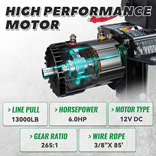 Off Road Boar Waterproof Ip67 Steel Electric Towing Winch Kit, 12V 6Hp Motor W/ 13000 Pound Max, Remote & Wired Control, 85Ft Cable, 265:1 Gear Ratio #TOP2