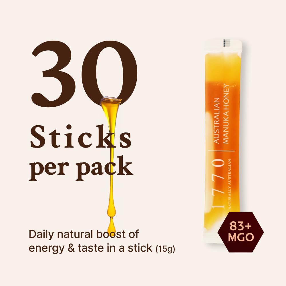 1770 Naturally Australian MGO 83+ Manuka Honey Sticks 30 x 15g, Organic Honey for Tea, Yogurt, & Travel Snacks