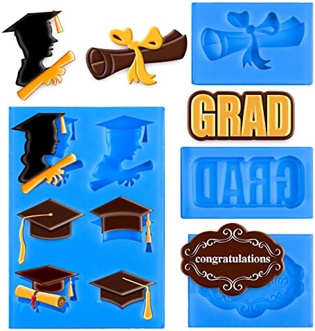 Whaline 4 Pack Graduation Fondant Molds Silicone Graduation Cap Diploma Mould Congrats Grad Congratulations Candy Chocolate Mould for Grad Party Soap Jelly Cake Cupcake Topper Decoration (Blue)
