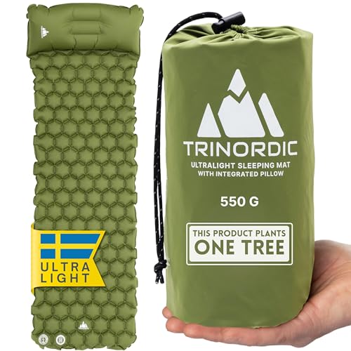 TRINORDIC Ultralight Inflatable Camping Mat – With Integrated Pillow – Lightweight (0.55kg) and Compact Outdoor Sleeping Mat for Hiking and Bikepacking