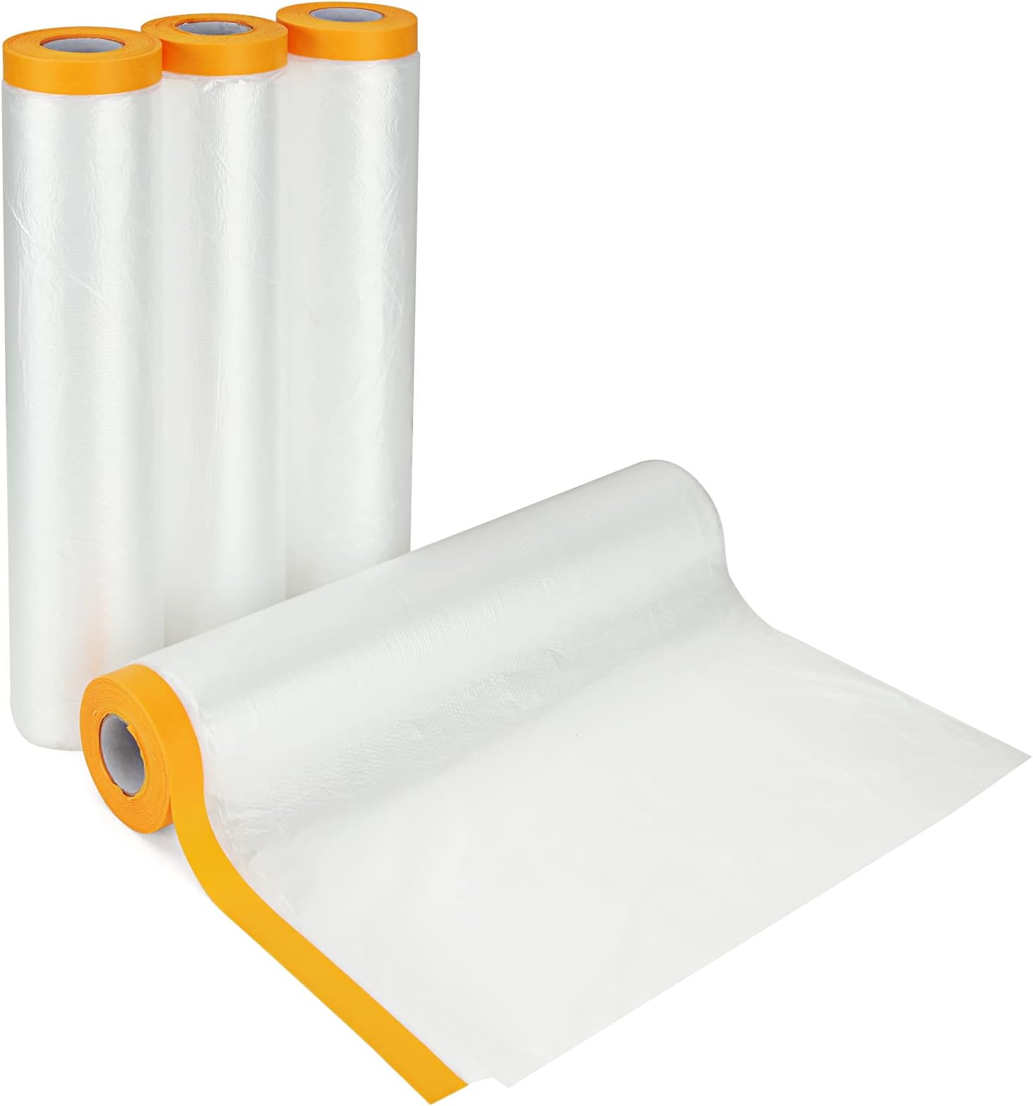 YAYODS 4 Pack Plastic Dust Sheet Rolls, 2.4M x 20M Masking Film Rolls with Self-Adhesive Tape, Transparent Pre-Taped Masking Film for Painting Decorating Covering
