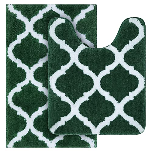Olanly Bathroom Rugs Set 2 Piece Microfiber Bath Shower Mat and U-Shaped Toilet Rug, Machine Wash Dry, Non Slip Absorbent Shaggy Bath Rug for Tub, Shower and Bath Room (20"x32"+20"x24", Green)