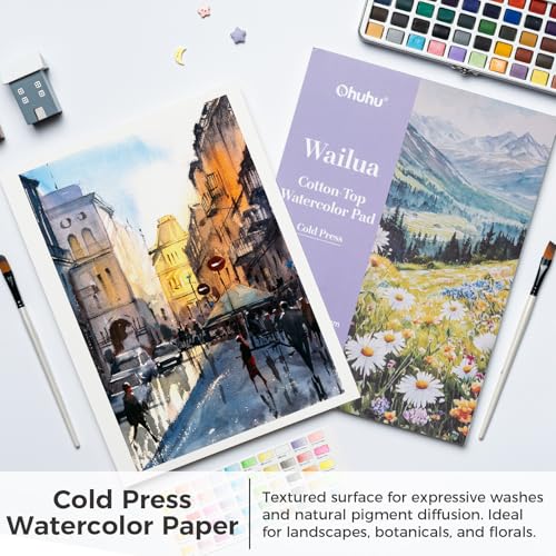 Image of Ohuhu Watercolour Paper Pad A4, 20 Sheets 300gsm Cold Press Fine Grain - 100% Cotton Top Surface with Patented Technology, Acid-Free Mixed Media Pad for Watercolour, Ink & Gouache