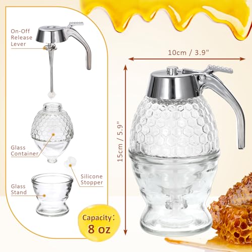 SUMNACON Honigspender aus Glas, Honigbehälter mit Ständer und Griff, Honigtopf mit Dipper, Syrup Spender, Leicht zu reinigende Honiggläser, Honigdose für Frühstückstisch, Küche, Dessertladen 8oz