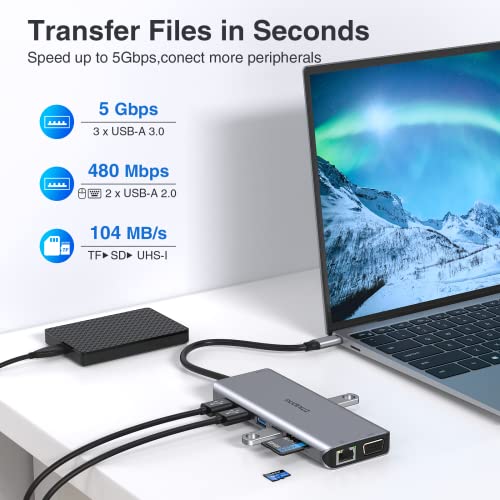 Usb C Docking Station Dual Monitor Hdmi For Dell Hp, Laptop Docking Station Usb Type C Hub Multiport Adapter Thunderbolt 3 Dongle Usb-C To 2 Hdmi,Ethernet,Vga,5 Usb,Pd,Sd/Tf,Audio For Lenovo,Surface #TOP5