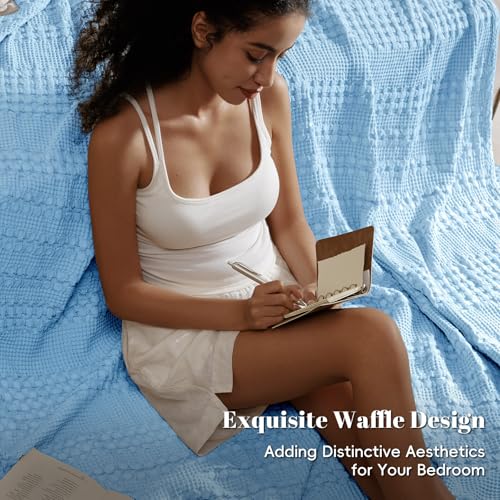 Image of PHF 100% Cotton Waffle Weave Blanket King Size for Bed, Soft Lightweight & Breathable for Spring and Summer, All-Season Comfort, Luxury Aesthetic Blanket for Home Decor, 108 inchx90 inch, Airy Blue