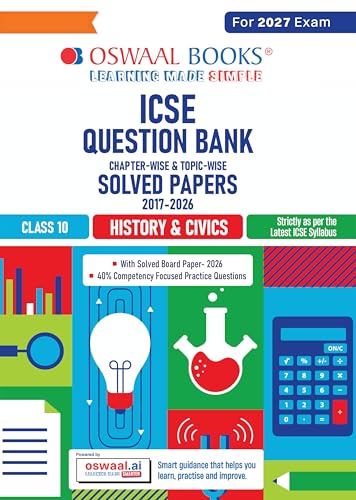 Image of Oswaal Class 10 ICSE Question Bank History & Civics (2017 - 2026) |For 2027 Exam Chapter-wise & Topic-wise with Competency Based Questions | Includes ... | Self-Assessment Papers | Practice Papers
