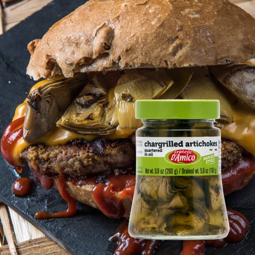 Chargrilled Artichoke Hearts , Quartered In Oil, Grilled, Naples Style, Net Wt. 9.9Oz (280G) Drained Wt. 5.6 Oz (160 G), Non-Gmo By Fratelli D'amico. Product Of Italy #TOP6