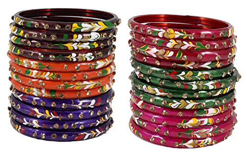 NMII Glass with Zircon Gemstone Studded worked and Flower Pattern Glossy Finished Kada Set For Women and Girls