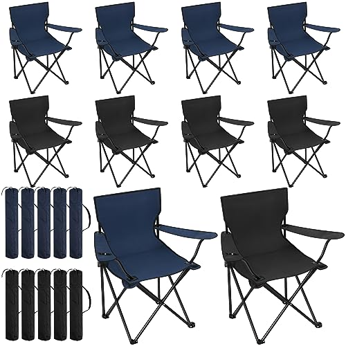 Huwena 10 Pack Folding Camping Chairs Bulk with Cupholder Carry Bags Lightweight Camp Chairs Collapsible Portable Outdoor Lawn Chair for Picnic, Beach, Outside(Black, Blue)
