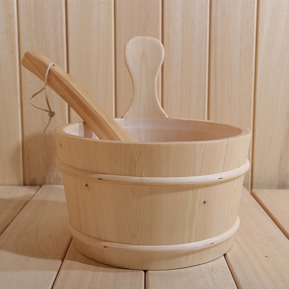 Cubo de sauna de cedro – Kit de cubo y cucharón de madera, cubo de baño de vapor, cubo de madera de 4 litros con asa, cubo de sauna de madera con cuchara de agua para baño, hogar