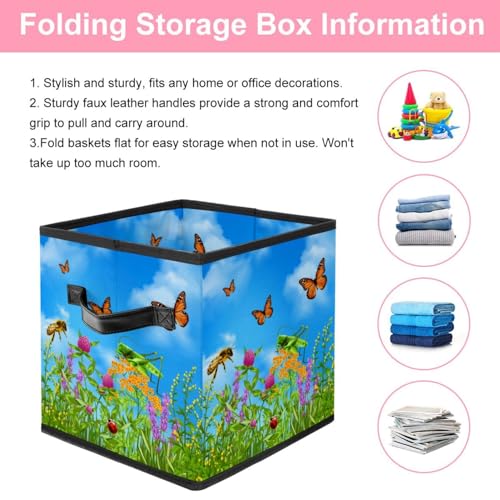 Boîte de rangement cube en tissu motif insectes d'été avec poignées - 4