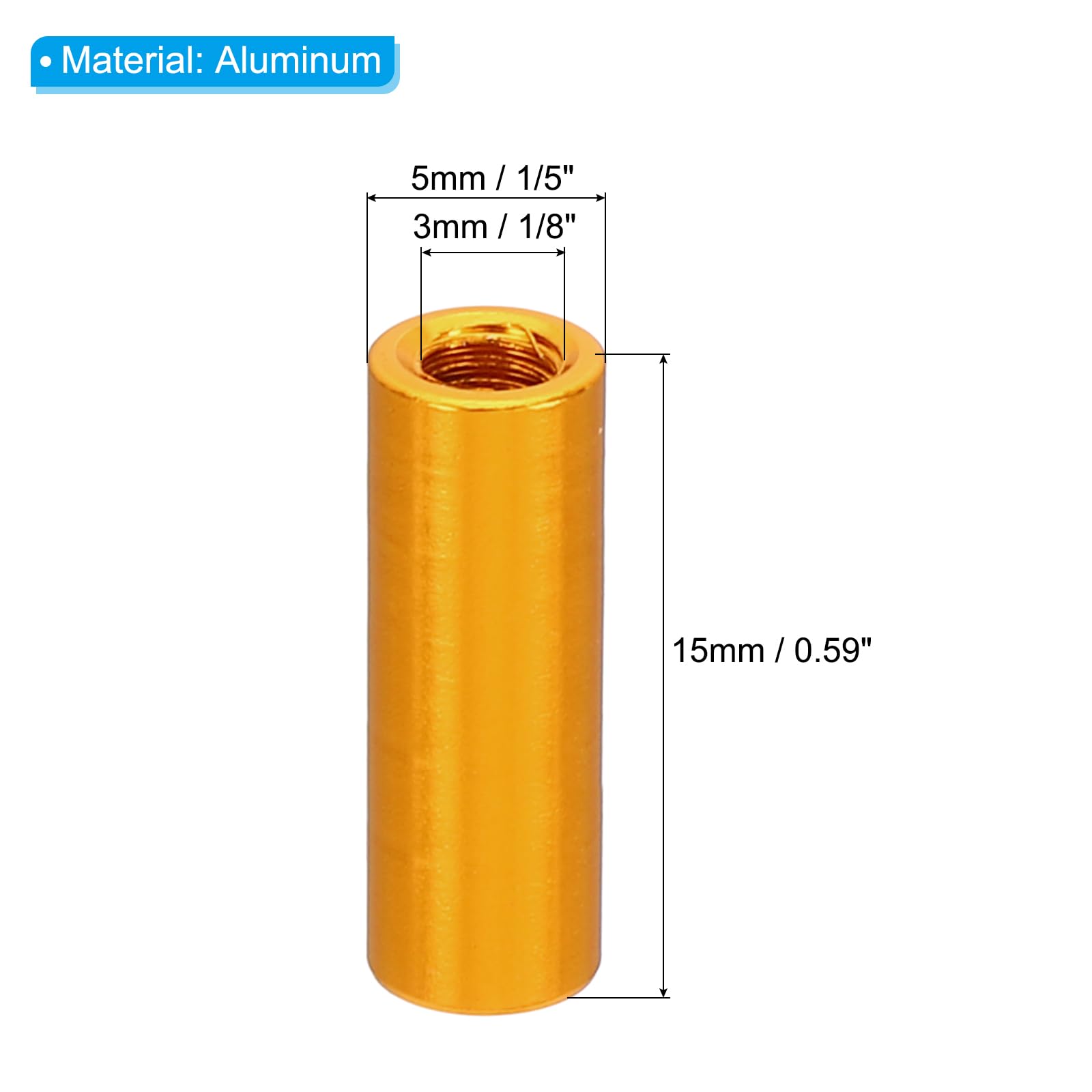 PATIKIL 6pcs M3 Metal Threaded Standoff Spacer Nuts, Round Aluminum Spacers Female Coupling Screws, 1/8" ID x 3/16" OD, Gold 3x5x15mm - Image 2