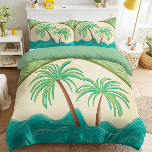 Juego de ropa de cama de 220 x 260 cm, resistente a la decoloración, estilo vintage, costero, calidad hotelera, tropical, botánico, fácil cuidado, con olas de palmera, para adultos