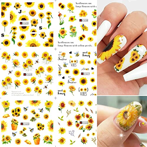 Sunflowers Nail Art Stickers, Holographic Flowers Nail Water Transfer Decals Design, Yellow Blossom Butterfly Bee Nail Sticker Acrylic Supplies For Women Manicure Bloom Decorations, Resin Nail Decal #TOP1