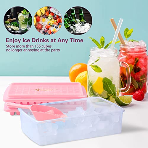 Homorey Ice Cube Trays For Freezer With Spill-Resistant Removeable Lid - Bpa Free & Dishwasher Safe Ice Cube Molds With Ice Cube Bin, Ice Scooper & Ice Tong - Odourless Ice Trays - Pack Of 2 (Pink) #TOP5