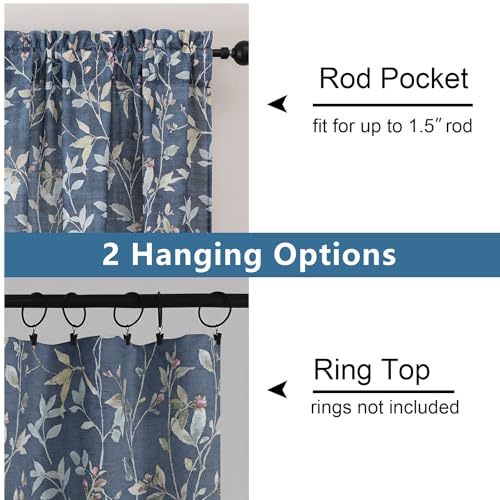 Image of Chyhomenyc Light Filtering 84 Inch Window Curtains - Linen Blend Floral Printed Curtains Drapes for Living Room, Soft Farmhouse Curtain for Bedroom, 52Wx84L Inch, 2 Panels, Blue