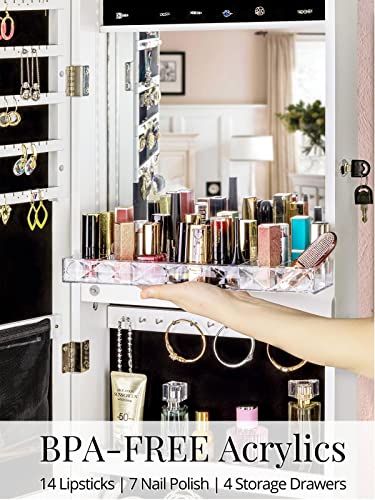 Luxfurni Led Jewelry Organizer, Standing Jewelry Storage Cabinet With Full-Length Mirror, Lockable Jewelry Armoire With Drawers, White #TOP2