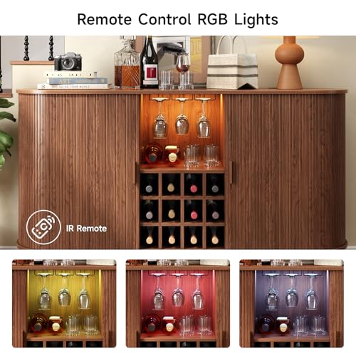 Image of ONBRILL 63 inch Wine Bar Cabinet with LED Light,Modern Liquor Whiskey Coffee Station with Wine Rack and Glass Holder, Farmhouse Buffet Sideboard with Storage for Living Room, Kitchen, Entryway (Walnut)