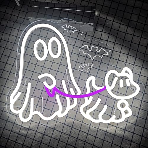 Image of Ghost Dog Neon Signs Halloween Neon Sign for Wall Decor Dimmable Ghost Neon Sign USB Powered Halloween Neon Window Sign Happy Halloween Neon Light for Bedroom Men Cave Home Party