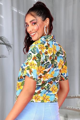 Image of POPWINGS Ethnic Printed Cotton Half Sleeves Regular Fit Crop Shirts for Women Stylish Western Casual Wear