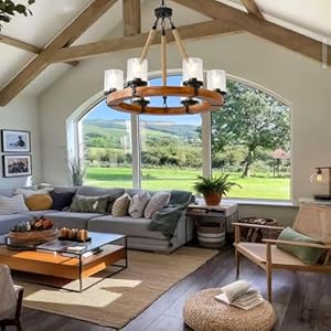 6 Light Wagon Wheel Chandelier,Round Wood Pendant Light with Seeded Glass Shade Rustic Farmhouse Pendant for Dining Room Kitchen and Entryway 6 Light Wagon Wheel ChandelierRound Wood Pendant Light with Seeded Glass Shade Rustic Farmhouse Pendant for Dining Room Kitchen and Entryway