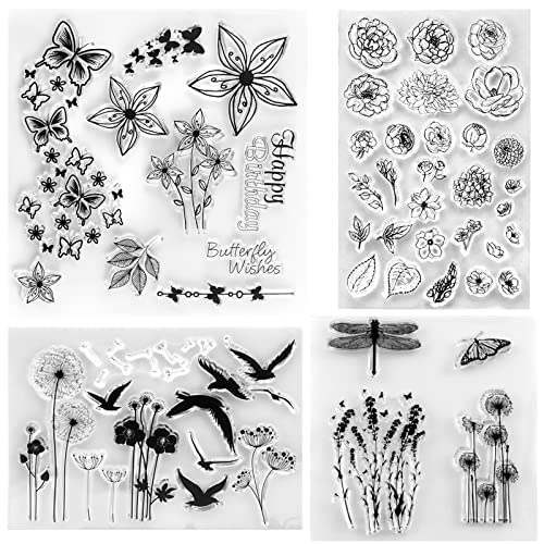4 Stück Silikonstempel Silikonstempel Blumen und Blätter Set Clear Stamps Löwenzahn Tiere und Blumen Clear Stamp Set für DIY Bullet Journal Scrapbooking Fotoalbum Geburtstag Stempelset