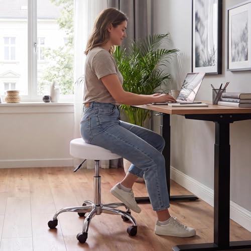 Image of VEVOR Rolling Stool with Wheels, 500 lbs Weight Capacity, Height Adjustable, Thick Cushion Ergonomic PU Leather Seat, 360 Swivel Round Rolling Stool Chair for Salon, Spa, Clinic, Medical, White