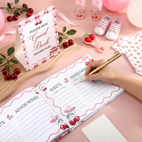 Image of Fuyoooo 27 Pcs Cherry Baby Shower Guest Book Set Baby Shower Sign in Guest Book Place Table Cards with Gold Pen Adhesive Photo Corner for Birthday Party