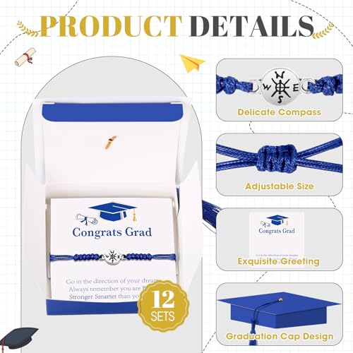 Tondiamo 12 Sets Graduation Compass Bracelets with Card Gift Boxes, Class of 2025 Graduation Gift for College Senior Masters3
