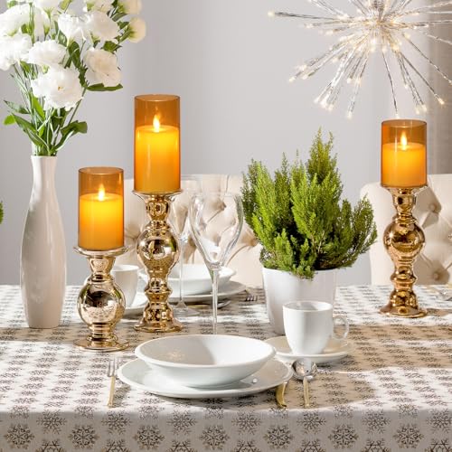 Image of Gold Glass Flameless Candles with Remote Timer Moving Wick Battery Operated LED Flickering Pillar Candles Plastic Dinner Wedding Christmas Holiday Decor D3 x H4, 5 inch, 6 inch