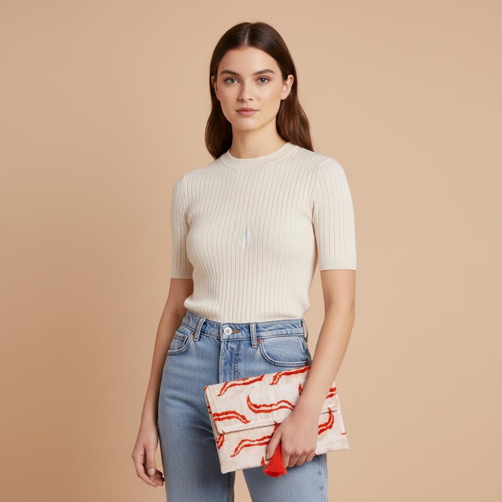 Pochette Ikat in velluto di seta fatta a mano, stile busta, design bohémien, motivo etnico, opzione cinturino a catena, pochette per feste serali, borsa premium, bianco sporco, rosso