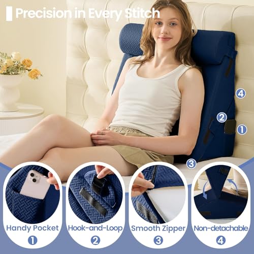 Image of Sasttie Wedge Pillow Set for After Surgery, 2PCS Adjustable Bed Wedge Pillow Headboard with Memory Foam Neck Cushion - for Acid Reflux, Sleeping, Neck & Back Support, Navy