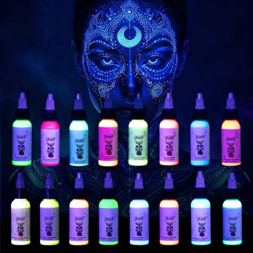Tattoo Ink Set - Glow in Blacklight UV Tattoo Ink Kit, 16 Color 1oz Professional Tattoo Fluorescent Ink & Tattoo Equipment for Halloween Supplies (1 oz(30ml), 16Color)