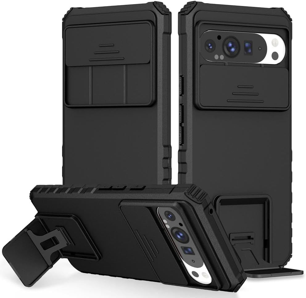 ShieldTech Back Cover Case for Google Pixel 9 Pro | Sliding Camera Shield | Stereoscopic Stand | Shockproof 360 Degree Protection Mobile Phone Case Cover for Google Pixel 9 Pro | PC, Black Back Cover