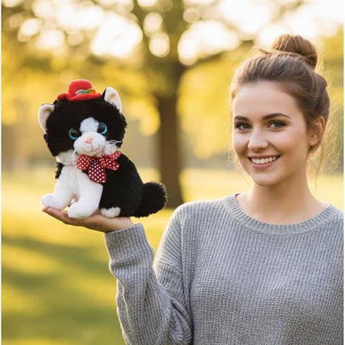 Image of Tickles Cute Sitting Cat Wearing Red Hat Soft Stuffed Glitter Eye Plush Animal Toy for Kids Room (Color: Black and White Size: 20 cm)