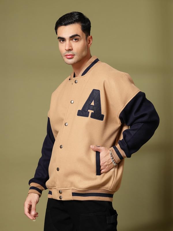 Image of CHKOKKO Men's Oversized Varsity Jacket with Snap Button Closure and Patch Design Trendy Comfortable Outerwear for College Travel and Casual Wear