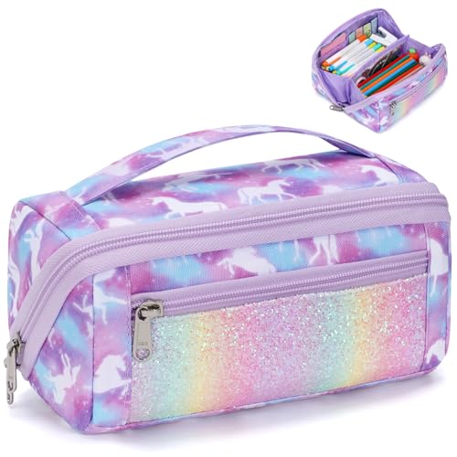 Image of Large Pencil Case for Boys, Durable Pencil Pouch for School, Wide Opening Soft Bag with Handle, Fits 50 Pens & Markers (Purple Unicorn)
