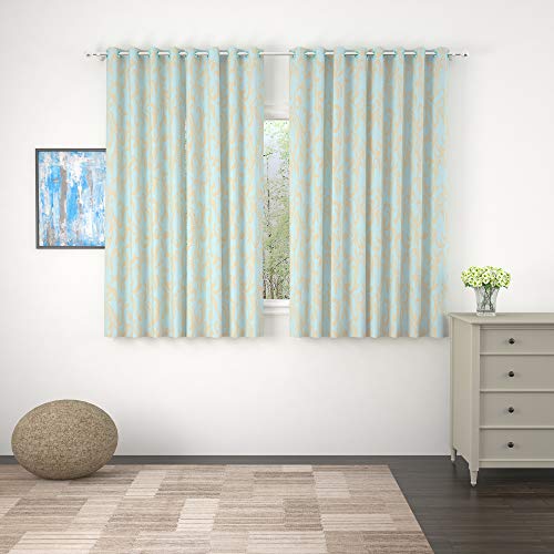 Image of Story@Home Bloom Collection Jacquard Lavish and Modern Rich Floral Print 4 Piece Eyelet Ring top Window Curtain for Bedroom and Hall - 5 Feet, Aqua Blue