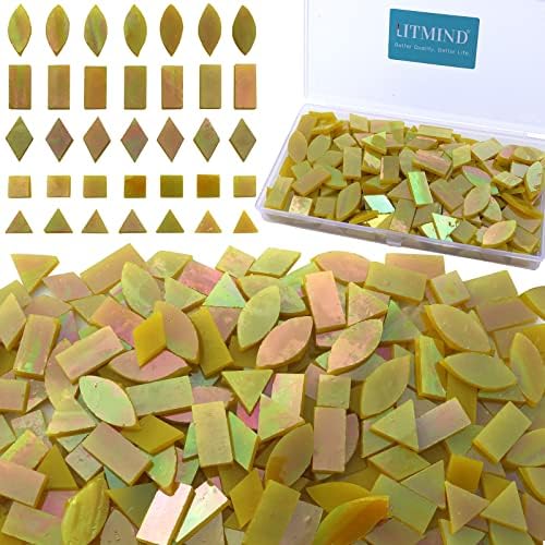 LITMIND Iridescent Glass Mosaic Tiles for Crafts, 240 Pieces 5 Shapes Mixed Yellow Stained Glass Sheets, Mosaic Kits for Adults (Iridescent Yellow)
