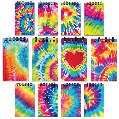 Decorably 24 Pack Spiral Tie Dye Party Favors for Kids 8-12 - 12 Colorful Designs 2.4x4in Small Notebook, Spring-Bound with 20 Sheets - Gifts for...
