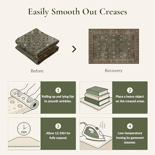 Image of Bavni Washable Rugs 8x10-Machine Washable Rug Lightweight Low Pile, Vintage Floral Rug Non-Shedding Distressed Throw Carpet for Living Room Bedroom Office, Dark Green /Multi