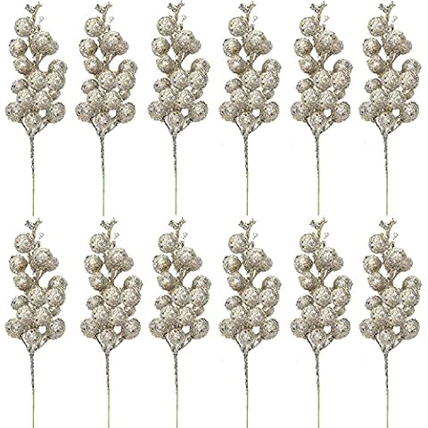 Worldoor 12 Pack Christmas Glitter Berries Stems, 7.8Inch Artificial Christmas Picks for Christmas Tree Ornaments, DIY Xmas Wreath, Crafts, Holiday and Home Decor,Champagne Cover