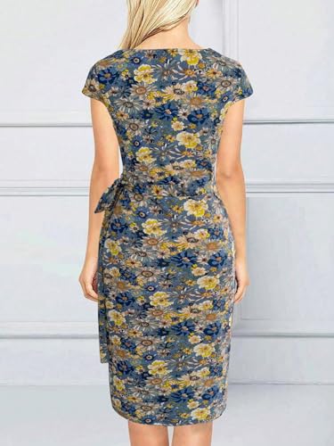 Image of Women's Vintage Cap Sleeves Asymmetrical Neckline Sheath Bodycon Casual Work Cocktail Party Pencil Faux Wrap Dresses