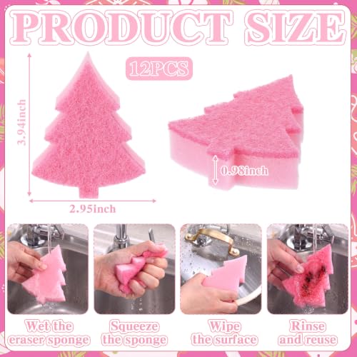 Image of Tioncy 12 Pack Kitchen Sponges Bulk Dual Sided Scrubber Sponges Dishwashing Kitchen Cleaning Accessories for Household Supplies(Christmas Tree, Pink)