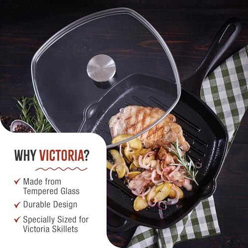 Image of 9.7-Inch Glass Lid for Victoria Square 10-Inch Square Skillet or Pan, Custom Made for Only Victoria Brand, Internal Diameter 9.7-Inch, External Diameter 10 Inch